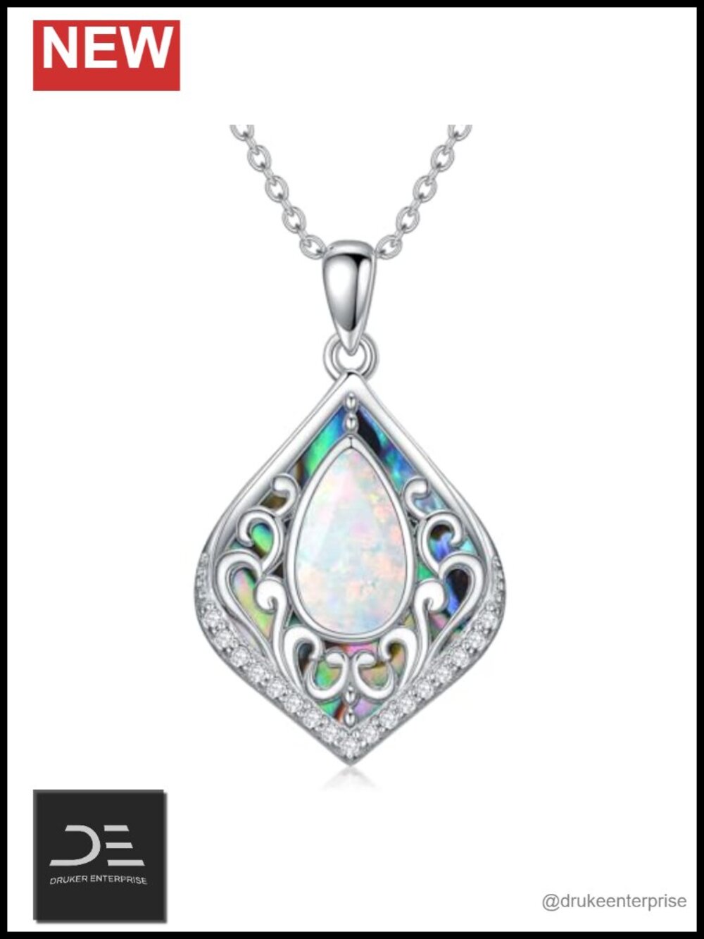 925 Sterling Silver Filigree Teardrop Pendant Necklace Abalone Shell Opal